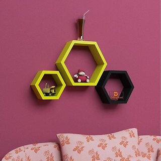                       Onlinecraft Wooden Wall Shelf Wooden Wall Shelf (Number Of Shelves - 3, Black, Yellow, Multicolor)                                              
