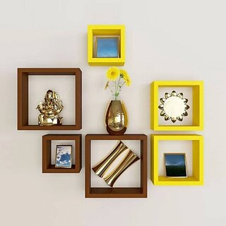 Onlinecraft Wooden Wall Decor Wooden Wall Shelf (Number Of Shelves - 6, Yellow, Brown) Onlinecraft Wooden Wall Decor Wooden Wall Shelf (Number Of Shelves - 6, Yellow, Brown)