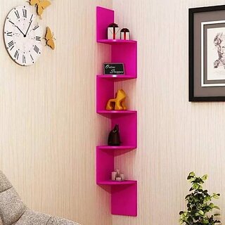                       Onlinecraft Wooden Wall Shelf Wooden Wall Shelf (Number Of Shelves - 5, Pink)                                              