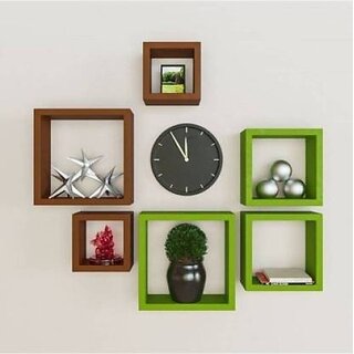                       Onlinecraft Room Wall Decor Wooden Wall Shelf (Number Of Shelves - 6, Brown, Green, Multicolor)                                              