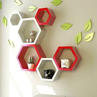                       Onlinecraft Wooden Wall Shelf Wooden Wall Shelf (Number Of Shelves - 6, Red, White)                                              