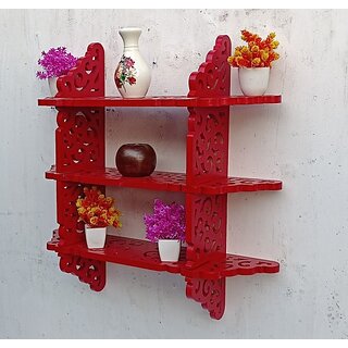                       Onlinecraft Wall Rack Shelf Wooden Wall Shelf (Number Of Shelves - 3, Red)                                              