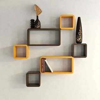                       Onlinecraft Office Wall Decor Wooden Wall Shelf (Number Of Shelves - 6, Yellow, Brown, Multicolor)                                              