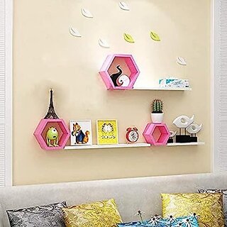                       Onlinecraft Wooden Wall Self Wooden Wall Shelf (Number Of Shelves - 6, Pink, White)                                              