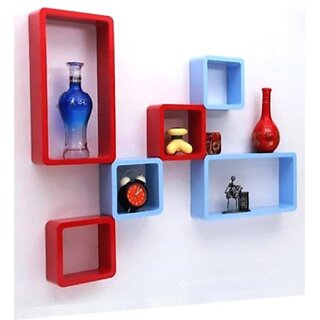                       Onlinecraft Wooden Wall Decor Wooden Wall Shelf (Number Of Shelves - 6, Red, Blue)                                              