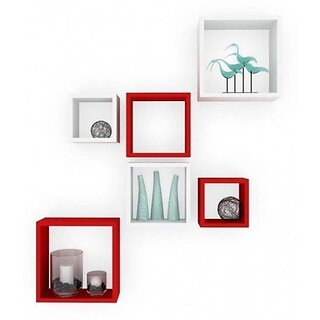                       Onlinecraft Wooden Wall Decor Wooden Wall Shelf (Number Of Shelves - 6, Red, White, Multicolor)                                              