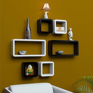                       Onlinecraft Ch 622 Wooden Wall 6 Ka Set ( Black , White) Wooden Wall Shelf (Number Of Shelves - 6, Black, White)                                              