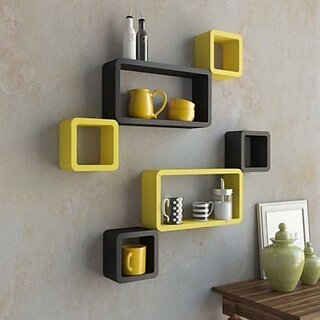                       Onlinecraft Wooden Wall Decor Wooden Wall Shelf (Number Of Shelves - 6, Yellow, Black)                                              