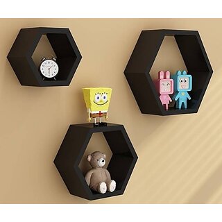                       Onlinecraft Wooden Wall Shelf Wooden Wall Shelf (Number Of Shelves - 3, Black)                                              