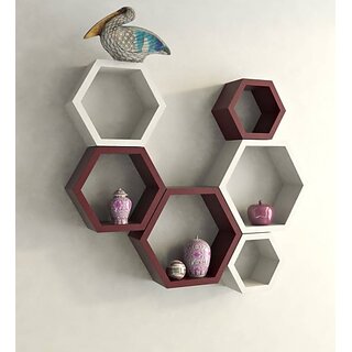                      Onlinecraft Wooden Wall Rack Shelf Wooden Wall Shelf (Number Of Shelves - 6, Maroon, White, Multicolor)                                              