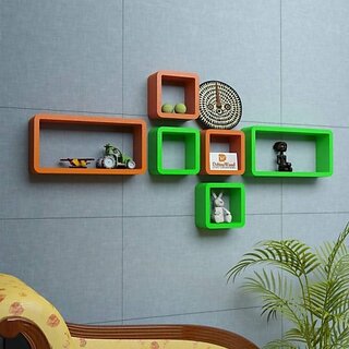                       Onlinecraft Wooden Wall Rack Shelf Wooden Wall Shelf (Number Of Shelves - 6, Green, Orange, Multicolor)                                              