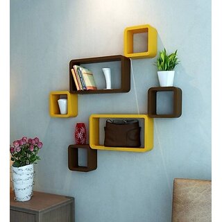                       Onlinecraft Wooden Wall Rack Shelf Wooden Wall Shelf (Number Of Shelves - 6, Yellow, Brown, Multicolor)                                              