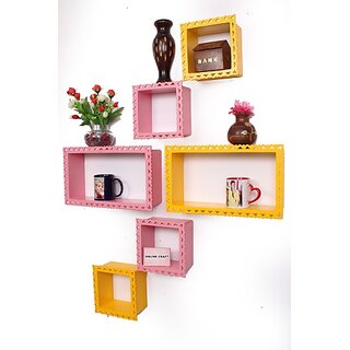                       Onlinecrafts Wooden Wall Shelf (White ,3 Shelf ) Wooden Wall Shelf (Number Of Shelves - 6, Yellow, Pink)                                              
