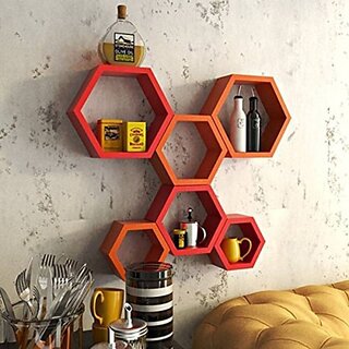                       Onlinecrafts Wooden Wall Shelf Wooden Wall Shelf (Number Of Shelves - 6, Orange, Red)                                              