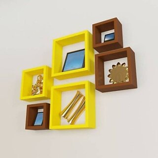                      Onlinecraft Wooden Wall Decor Wooden Wall Shelf (Number Of Shelves - 6, Brown, Yellow, Multicolor)                                              