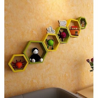                       Onlinecraft Wooden Wall Decorative Rack Shelf Wooden Wall Shelf (Number Of Shelves - 6, Green, Yellow, Multicolor)                                              