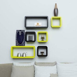                       Onlinecraft Wooden Wall Decor Wooden Wall Shelf (Number Of Shelves - 6, Black, Yellow, Multicolor)                                              