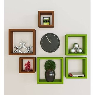                       Onlinecraft Wooden Wall Rack Shelf Wooden Wall Shelf (Number Of Shelves - 6, Green, Brown, Multicolor)                                              