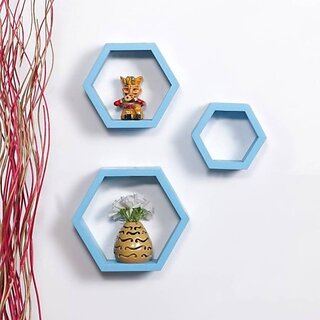                       Onlinecracts Office Wall Decor Wooden Wall Shelf (Number Of Shelves - 3, Blue)                                              
