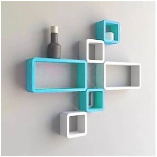                       Onlinecraft Ch427 Wooden Wall Shelf 6 Ka Set ( Blue ,White) Wooden Wall Shelf (Number Of Shelves - 6, Blue, White)                                              