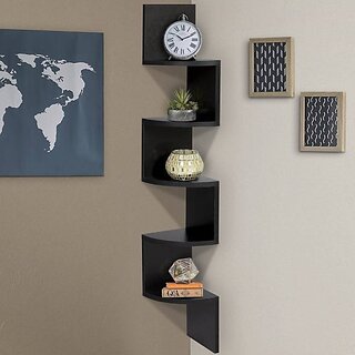                       Onlinecrafts Wooden Wall Shelf Wooden Wall Shelf (Number Of Shelves - 5, Black)                                              