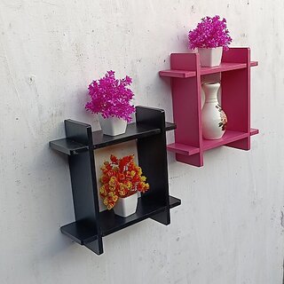                       Onlinecraft Wall Rack Shelf Wooden Wall Shelf (Number Of Shelves - 4, Black, Pink)                                              