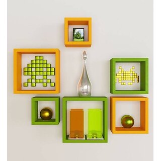                       Onlinecraft Wooden Wall Rack Shelf Wooden Wall Shelf (Number Of Shelves - 6, Orange, Green, Multicolor)                                              
