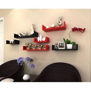                       Onlinecraft Wooden Wall Shelf Wooden Wall Shelf (Number Of Shelves - 6, Red, Black)                                              