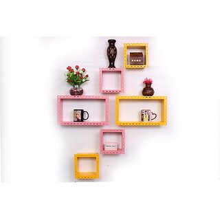                       Onlinecrafts Wooden Wall Drawer Wooden Wall Shelf (Number Of Shelves - 6, Pink, Yellow)                                              