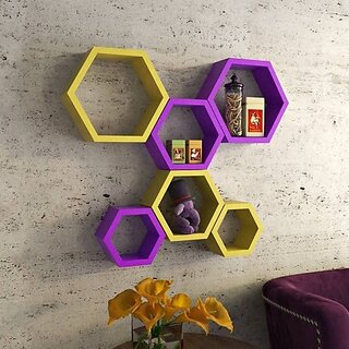                      Onlinecrafts Wooden Wall Shelf Wooden Wall Shelf (Number Of Shelves - 6, Yellow, Purple)                                              