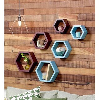                       Onlinecrafts Wooden Wall Shelf Wooden Wall Shelf (Number Of Shelves - 6, Brown, Blue)                                              