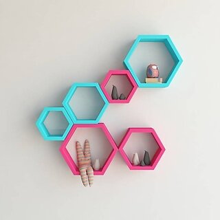                       Onlinecraft Wooden Rack Shelf Wooden Wall Shelf (Number Of Shelves - 6, Blue, Pink, Multicolor)                                              