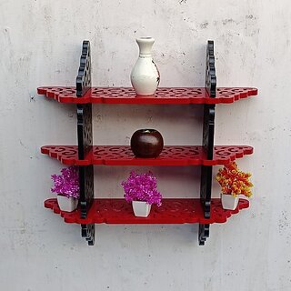                       Onlinecraft Wall Rack Shelf Wooden Wall Shelf (Number Of Shelves - 3, Black, Red)                                              