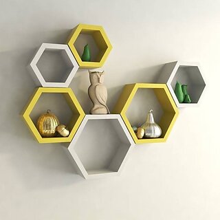                       Onlinecrafts Wooden Wall Shelf Wooden Wall Shelf (Number Of Shelves - 6, Yellow, White)                                              