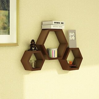                       Onlinecraft Wooden Hexon Set Of 3 Brown Wooden Wall Shelf (Number Of Shelves - 3, Brown)                                              