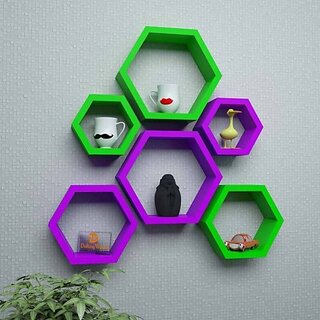                       Onlinecraft Room Wall Decor Wooden Wall Shelf (Number Of Shelves - 6, Green, Purple, Multicolor)                                              