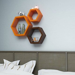                       Onlinecraft Wooden Wall Shelf Wooden Wall Shelf (Number Of Shelves - 3, Brown, Orange, Multicolor)                                              