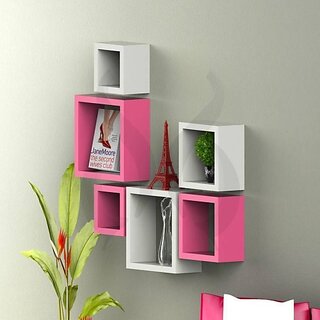                       Onlinecrafts Wooden Wall Shelf Wooden Wall Shelf (Number Of Shelves - 6, White, Pink)                                              