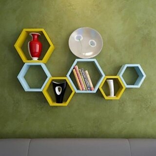                       Onlinecraft Wooden Rack Shelf Wooden Wall Shelf (Number Of Shelves - 6, Blue, Yellow, Multicolor)                                              