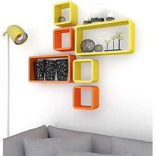                       Onlinecraft Wooden Rack Shelf Wooden Wall Shelf (Number Of Shelves - 6, Yellow, Orange)                                              