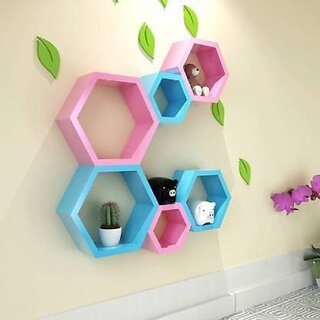                       Onlinecraft Wooden Rack Shelf Wooden Wall Shelf (Number Of Shelves - 6, Pink, Blue)                                              