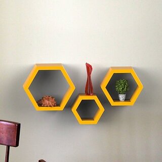                       Onlinecraft Wooden Book Rack Shelf Wooden Wall Shelf (Number Of Shelves - 3, Yellow)                                              