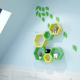                       Onlinecraft Wooden Wall Shelf Wooden Wall Shelf (Number Of Shelves - 6, Green, Yellow)                                              