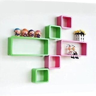                       Onlinecraft Wooden Wall Shelf Wooden Wall Shelf (Number Of Shelves - 6, Green, Pink)                                              