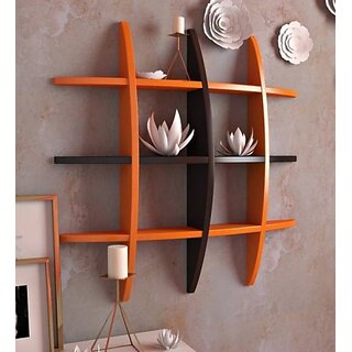                       Onlinecraft Wooden Wall Stool Wooden Wall Shelf (Number Of Shelves - 12, Orange, Brown)                                              