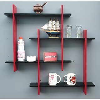                       Onlinecrafts 8 Wala Plus ( Red Black ) Wooden Wall Shelf (Number Of Shelves - 4, Black, Red)                                              