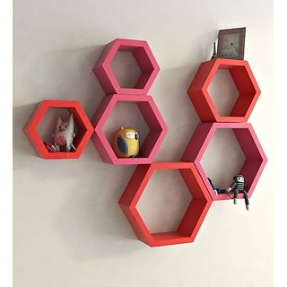                       Onlinecraft Wooden Wall Rack Shelf Wooden Wall Shelf (Number Of Shelves - 6, Red, Pink)                                              