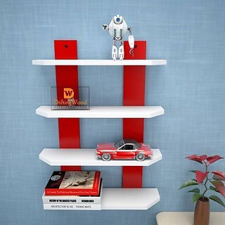                       Onlinecrafts Wooden Double Patti Cut Wali Wooden Wall Shelf (Number Of Shelves - 4, White, Red)                                              