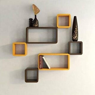                       Onlinecrafts Wooden Wall Shelf Wooden Wall Shelf (Number Of Shelves - 6, Brown, Yellow)                                              