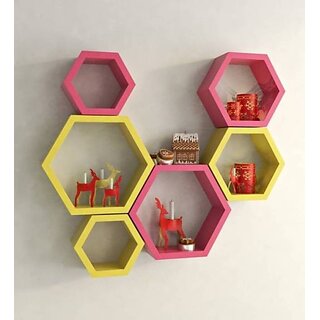                       Onlinecraft Wooden Wall Shelf Wooden Wall Shelf (Number Of Shelves - 6, Pink, Yellow)                                              